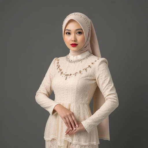 a indonesian woman wearing kebaya and hijab, she wears bold red lipstick and powerful eyeshadow, she looks very serious, she is wearing luminescence cream color outfit, the background is dominated by dark light gray, low angle lighting, hand on hip pose, masterpiece, best quality, highly intricate details.