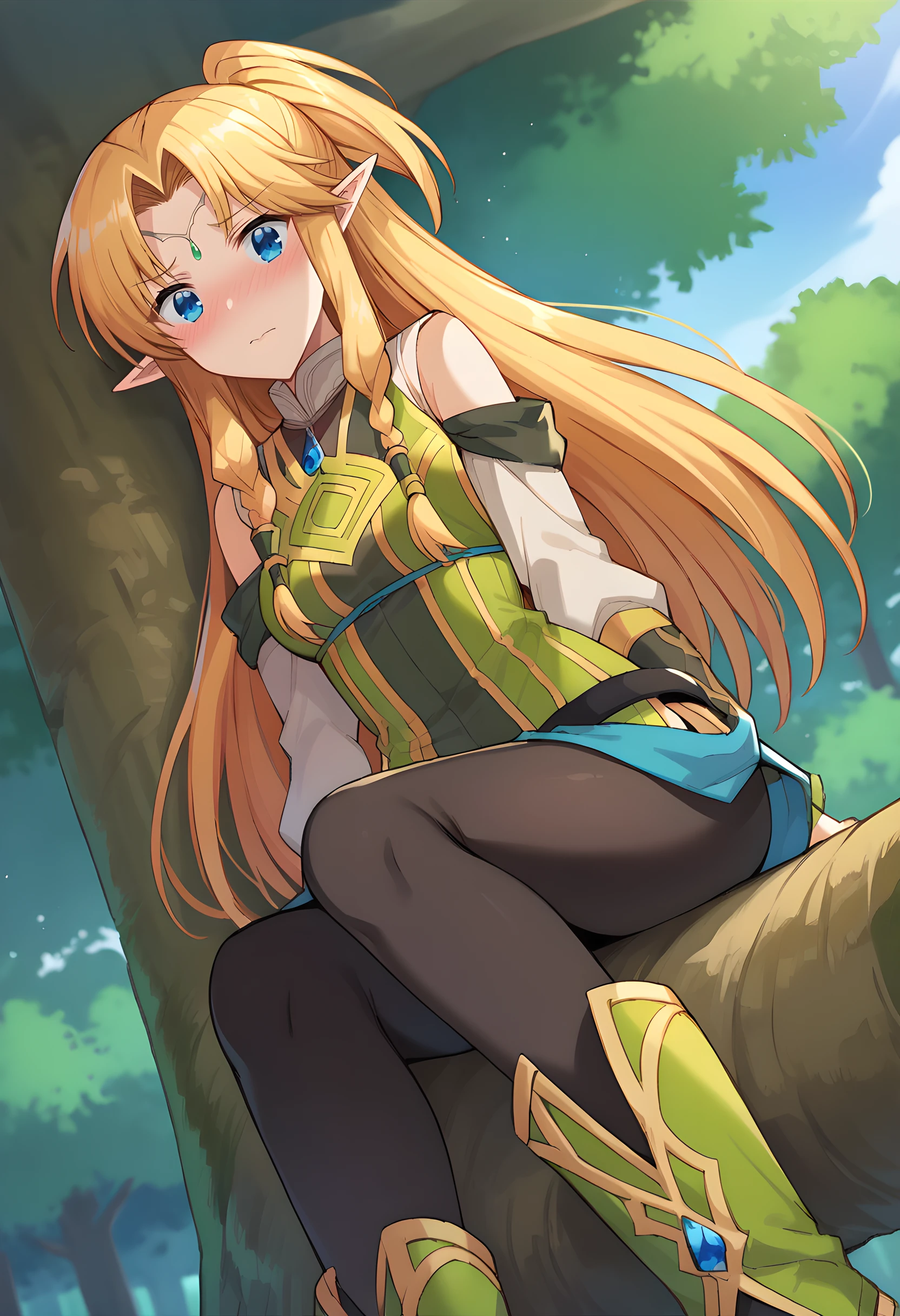 score_9, score_8_up, score_7_up,  source_anime, outdoors, forest, trees, <lora:Muller:1> Mull3r, 1girl, very long hair, twin side braids, sidelocks, short ponytail, half updo, parted bangs, blonde hair, blue eyes, pointy ears, small breasts, circlet, 
blush, looking at viewer, embarrassed, 
short dress, green dress, bare shoulders, detached sleeves, puffy sleeves, belt, black legwear, stirrup legwear, toeless footwear, platform footwear, green sandals,
sitting, on tree, sitting in tree, 
from below,