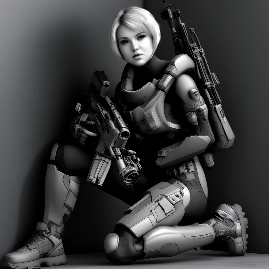 flower, holding, bodysuit, sitting, looking back, monochrome, assault rifle, spacecraft, sniper rifle, short hair, female focus, science fiction, backpack, one knee, looking ahead, portrait, parted lips, holding gun