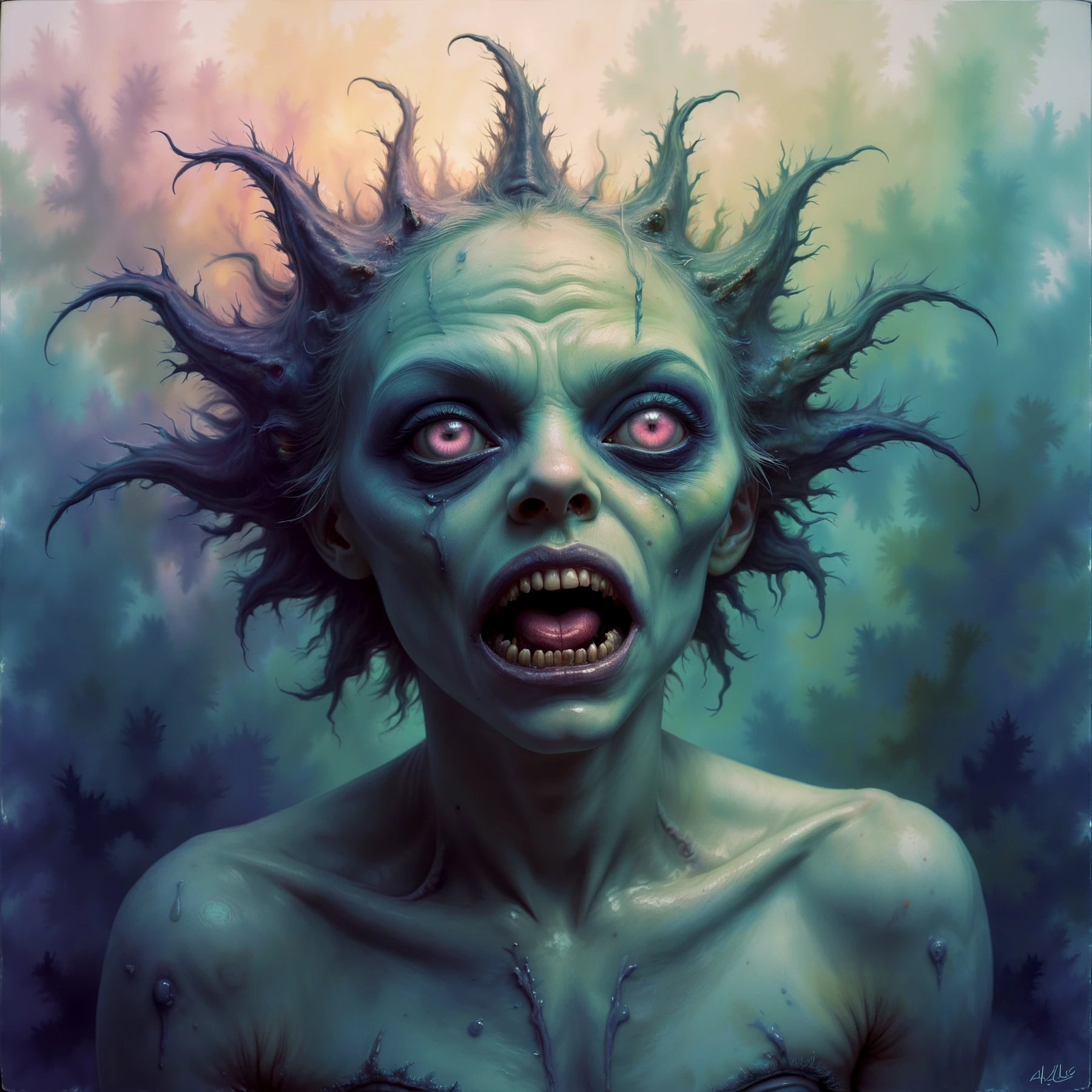 Portrait of a pastel alien, alarmingly horrid, terrifying, mouth dripping acid, blazing eyes, an narrow, twisting head.

Fantasy style.

<lora:FantasyPastel01-02_CE_SDXL_64x32x120x2bOT:0.8>
FntsyPstlCE style