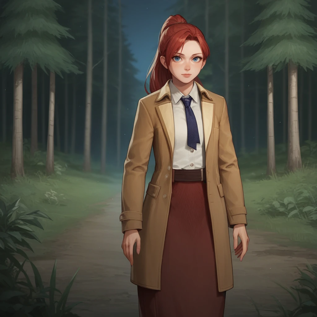 score_9_up, score_8_up, BREAK, StarterOutfit, femaleoutfit, 1girl, solo, red hair, high ponytail, long hair, blue eyes, white shirt, necktie, coat, long skirt, cowboy shot, <lora:HogwartsLegacy_StarterOutfit_PXL_Leaf1:1>, depth of field, forest, night, looking at viewer,