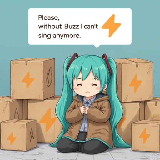 a cute Hatsune Miku as a homeless on street. begging around her is many worn out cardboard Boxes with SuchBuzzLogo on it. above her head is a chat box with text "Please, without Buzz I can't sing anymore.""