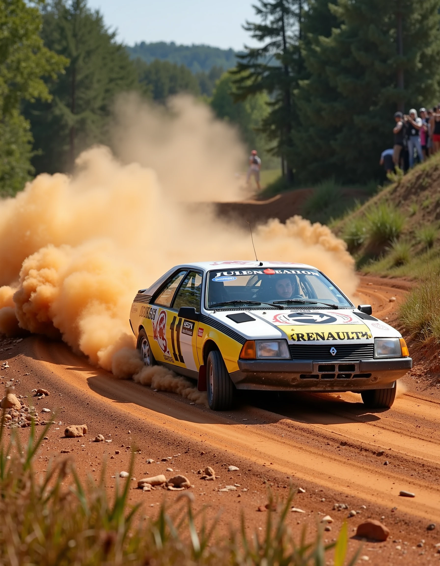 modified rally renaultfuego car at high speed in dirt track, 