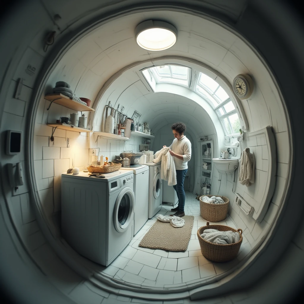 cinematic film still professional 3d model <lora:lora-2..000008.TA_trained:1>A circular, tunnel-like laundry room with a person folding clothes next to a washing machine and dryer. The curved walls feature small shelves with detergents, a basket of clothes, and a hanging rack. Soft, diffused lighting highlights the mundane yet cozy setting, with a fisheye perspective offering a close, personal view. . octane render, highly detailed, volumetric, dramatic lighting . shallow depth of field, vignette, highly detailed, high budget, bokeh, cinemascope, moody, epic, gorgeous, film grain, grainy