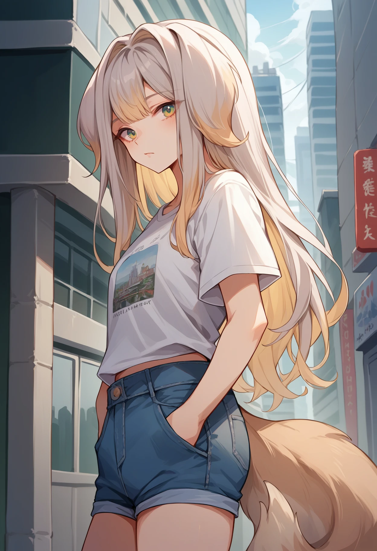 score_9, score_8_up, source_anime, 1girl, solo, RuriShioriha, multicolored eyes, multicolored hair, long hair, animal ears, tail, t-shirt, denim shorts, standing, outdoors, city, hands in pockets, <lora:ChamRuriShiorihaPonyXL:1>