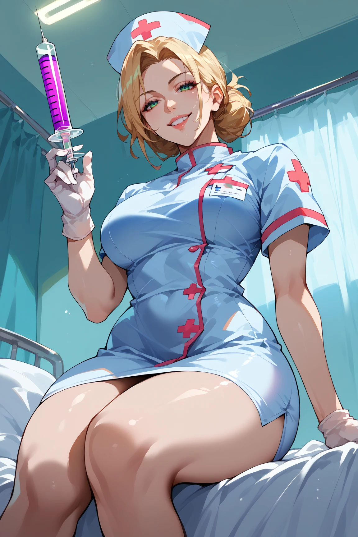 score_9, score_8_up, score_7_up, score_6_up, source_anime, solo, 1girl, nurse cap, nurse, impossible clothes, gloves, holding syringe, large syringe, bed, from below, seductive smile, sitting