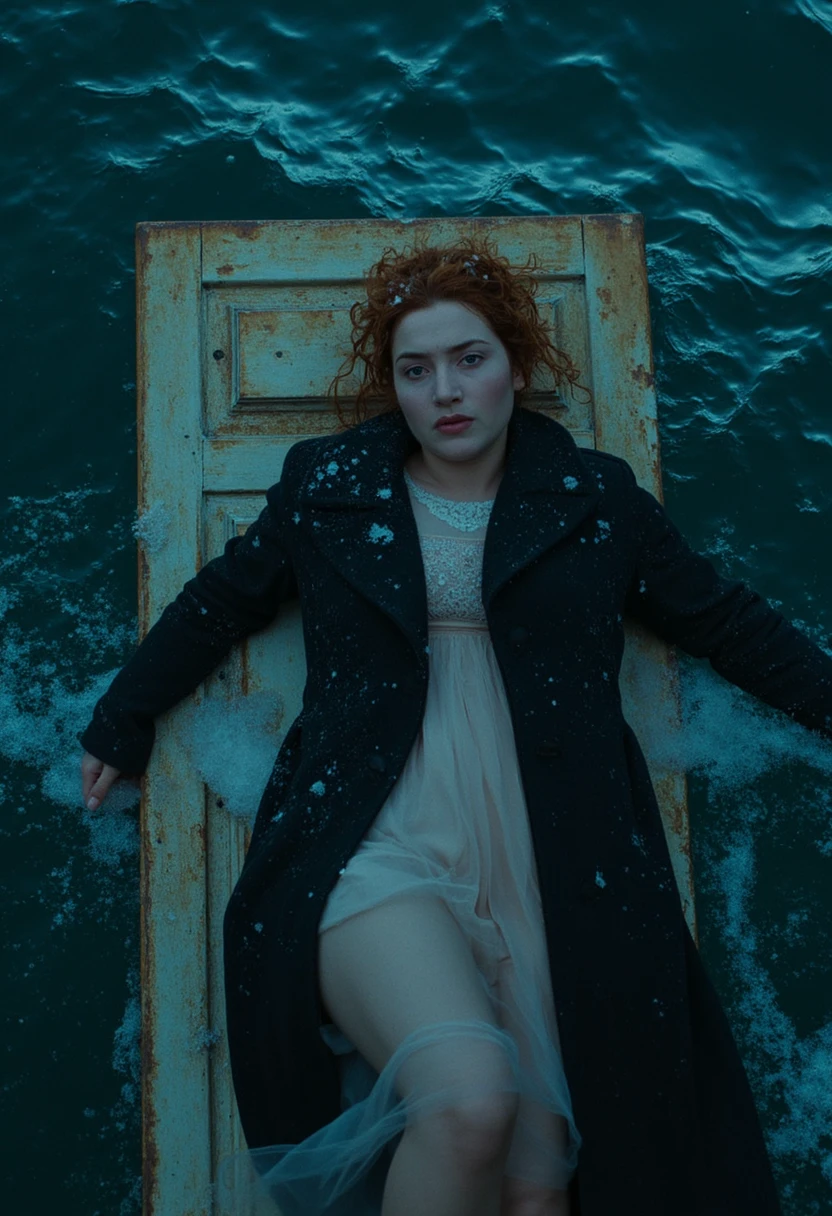 "Kate Winslet is lying on an old vintage door that floats in the freezing cold ocean at night. She is wearing a dark coat with a pastel dress underneath, both completely soaked from the icy water. Ice crystals have started forming in her red hair, as the temperature is unbearably cold. The scene is captured from a cinematic overhead shot, emphasizing the vast, dark ocean around her. The atmosphere is tense and dramatic, with subtle moonlight reflecting off the water's surface, creating an eerie and somber mood."