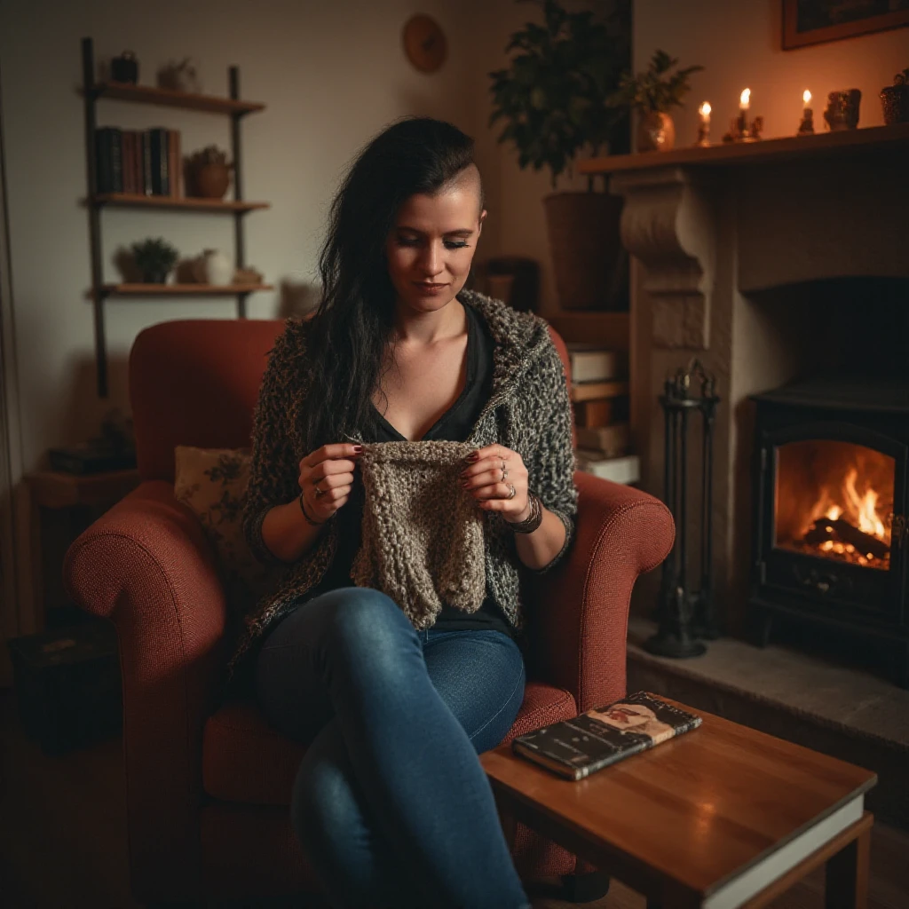 :Anna Brunner, dark hair, is knitting socks, sitting ina livingroom with a fireplace <lora:Anna_Brunner:0.9>