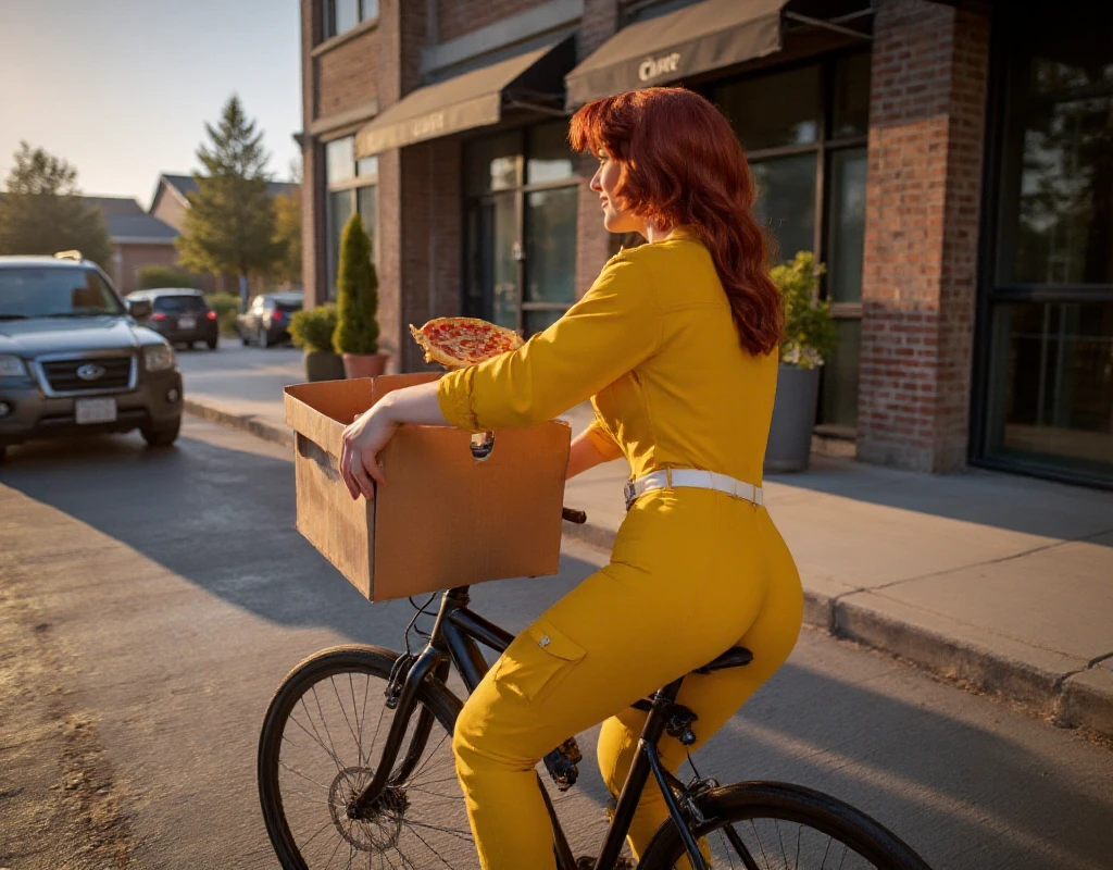 April wears a jumpsuit and is delivering pizza on a bicycle <lora:April:0.9>