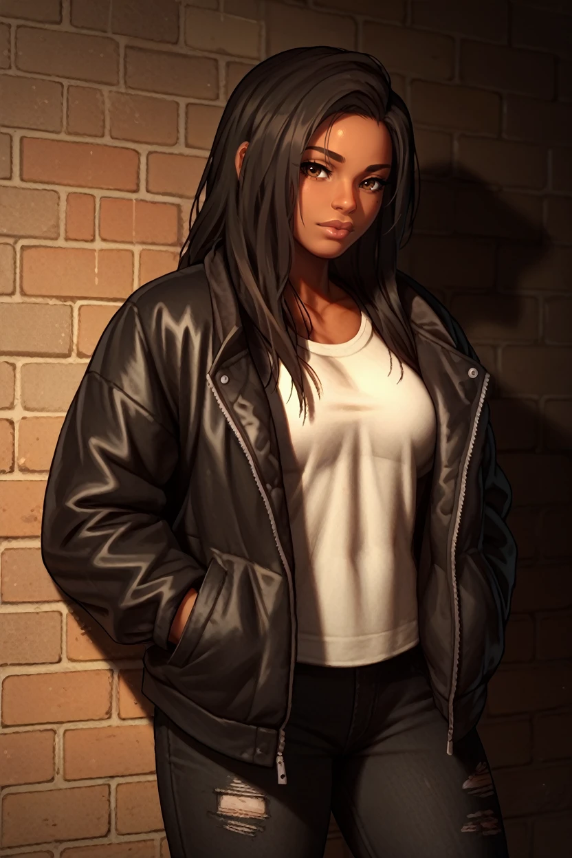 score_9, score_8_up, score_7_up, score_6_up
<lora:FFrey:0.8>
FFrey, 1girl, black hair, long hair, brown eyes, dark skin, looking at viewer, leaning against a brick wall, hands in jacket pockets, urban alleyway with graffiti art, moody lighting with shadows, edgy and modern vibe