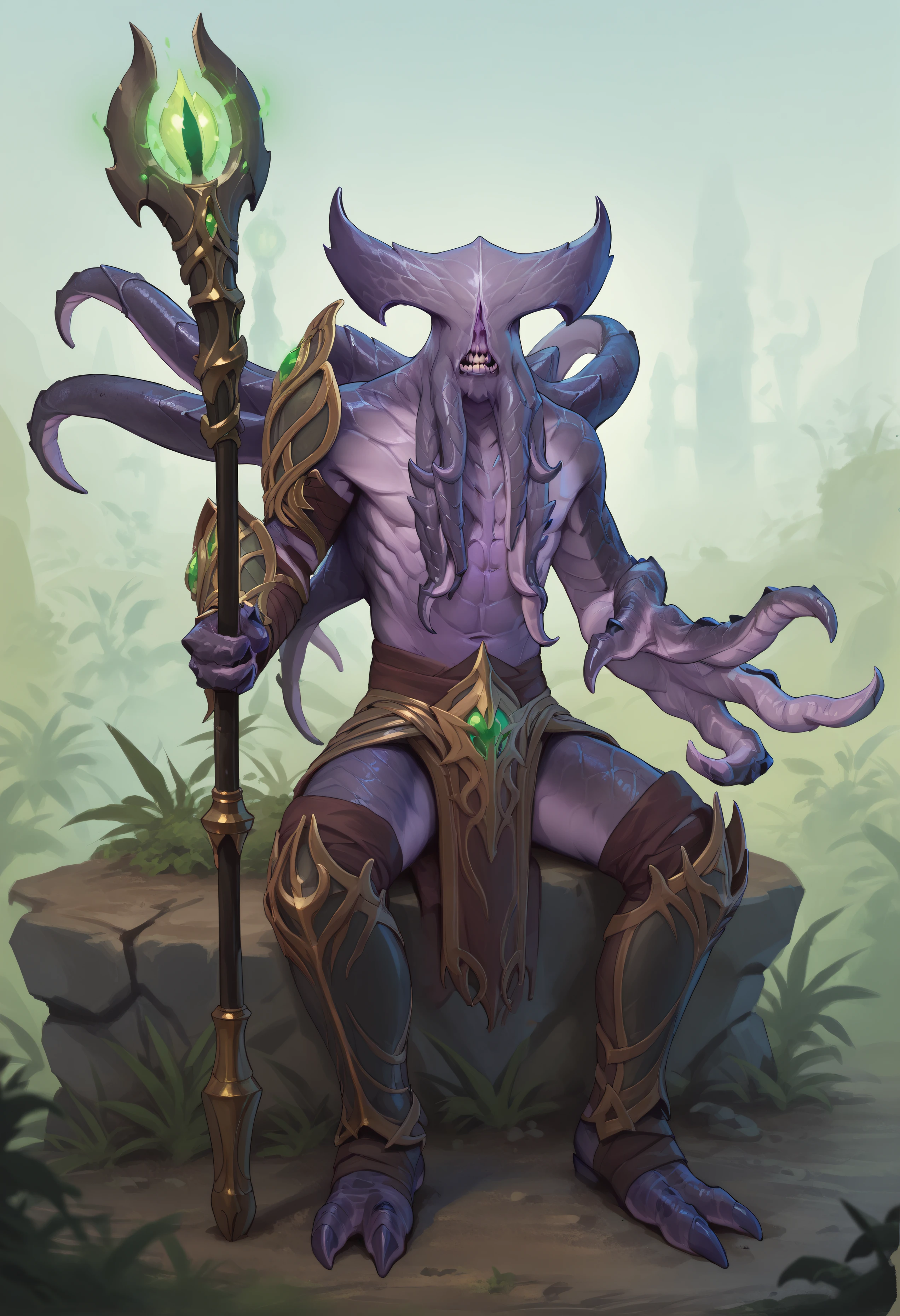 score_9, score_8_up, score_7_up, score_6_up, score_5_up, score_4_up, BREAK arcanavoidpdxl, 1boy, solo, tentacles, gauntlets, loincloth, staff, holding, purple skin, sitting, long fingers, full body, holding staff, teeth, 4 fingers,  <lora:FacelessVoid:0.8>