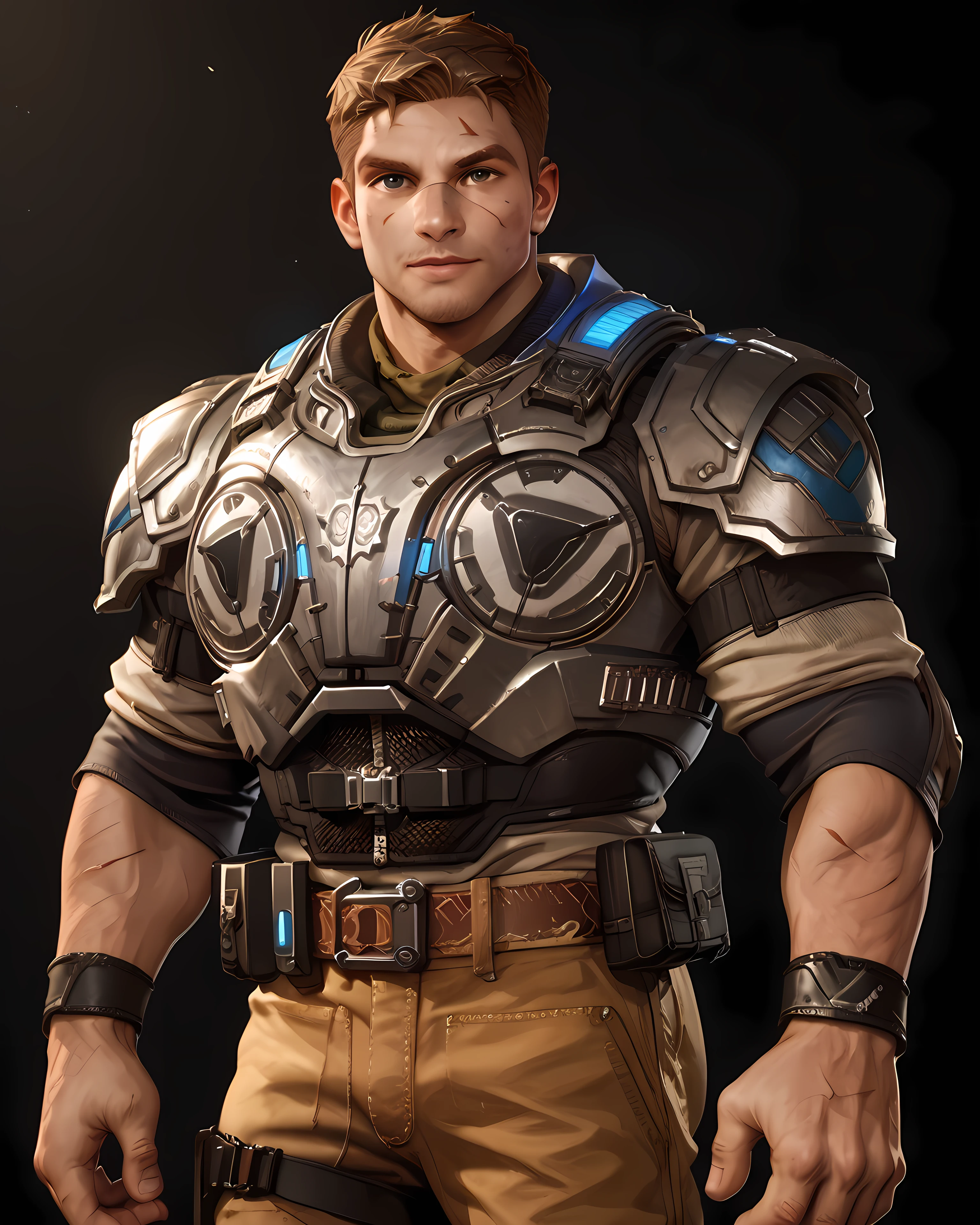 <lora:JD_Fenix_PonyXL-10(1):0.9> jd_fenix, brown hair, simple background, looking at viewer, long pants, armor, short hair, muscular, bara, standing, cowboy shot, scar, score_9, score_8_up, score_7_up, score_6_up,