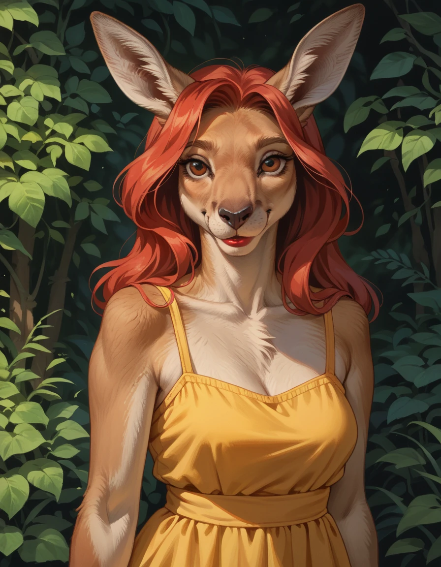 score_9, score_8_up, score_7_up, score_6_up, score_5_up, score_4_up, furry, fur, hud_k4ngar00, no humans, animal focus, kangaroo, lipstick, long red hair, breasts, yellow sundress, portrait, smile, <lora:hud_k4ngar00_XLP:0.7>, outdoors