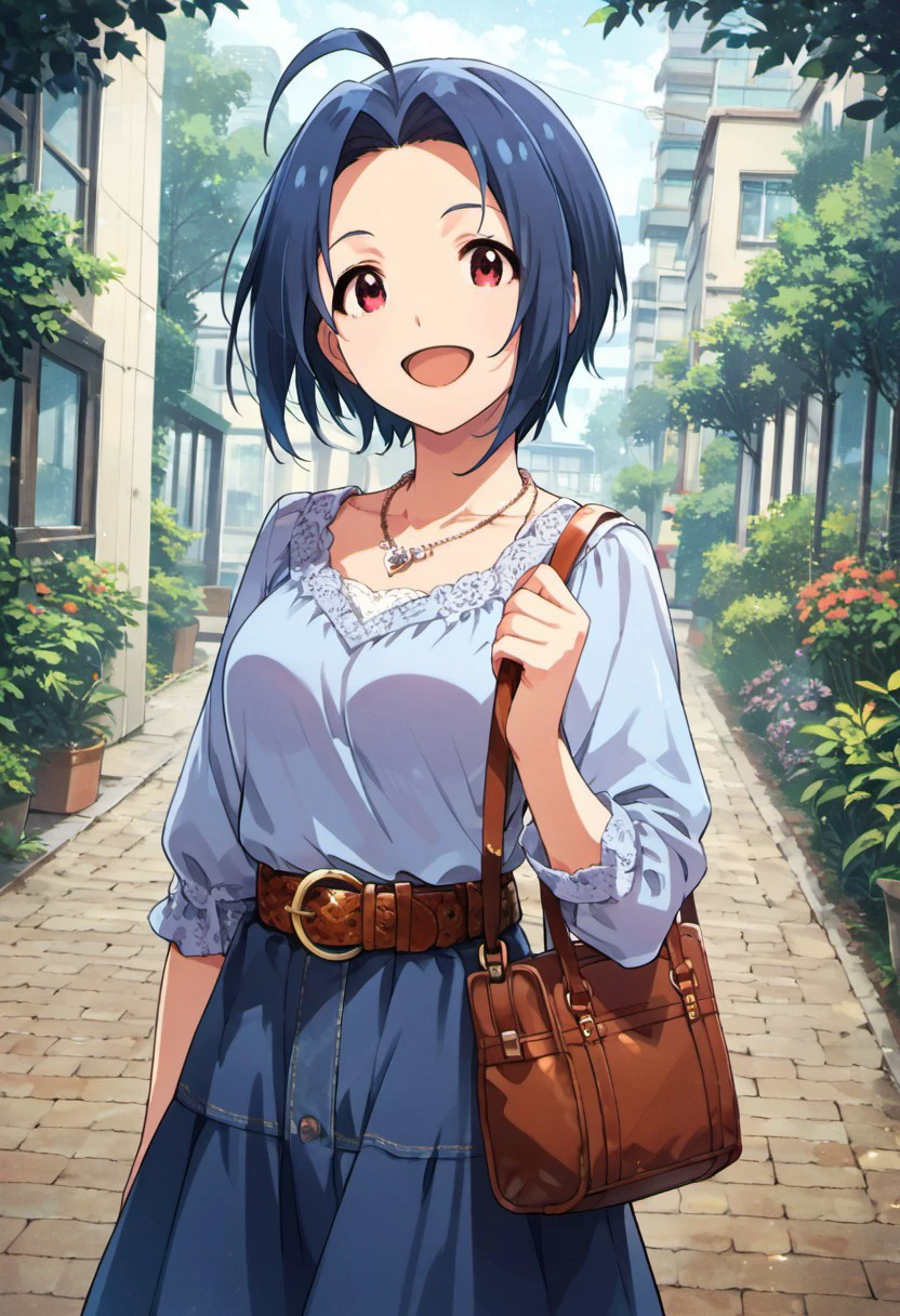 score_9, score_8_up, score_7_up, source_anime,miura azusa, blue hair, ahoge, short hair, red eyes, 1girl, jewelry, necklace, solo, open mouth, bag, smile, belt, skirt, :d, looking at viewer