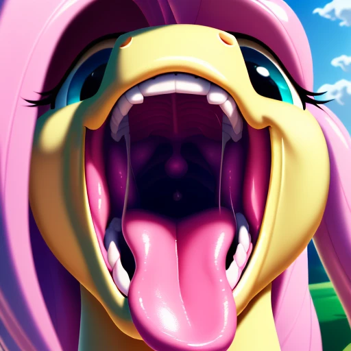 species:pony, Fluttershy from my little pony gigantic mouth, giganttic tongue, perspective deep inside the mouth, uvula and pink oral cavity visible and wide open , tongue, open mouth, solo, tongue out, uvula, portrait, taste buds , taste buds, big round uvula, detailed taste buds, larynx, correct anatomy, soft palate, big tongue. detailed tongue,