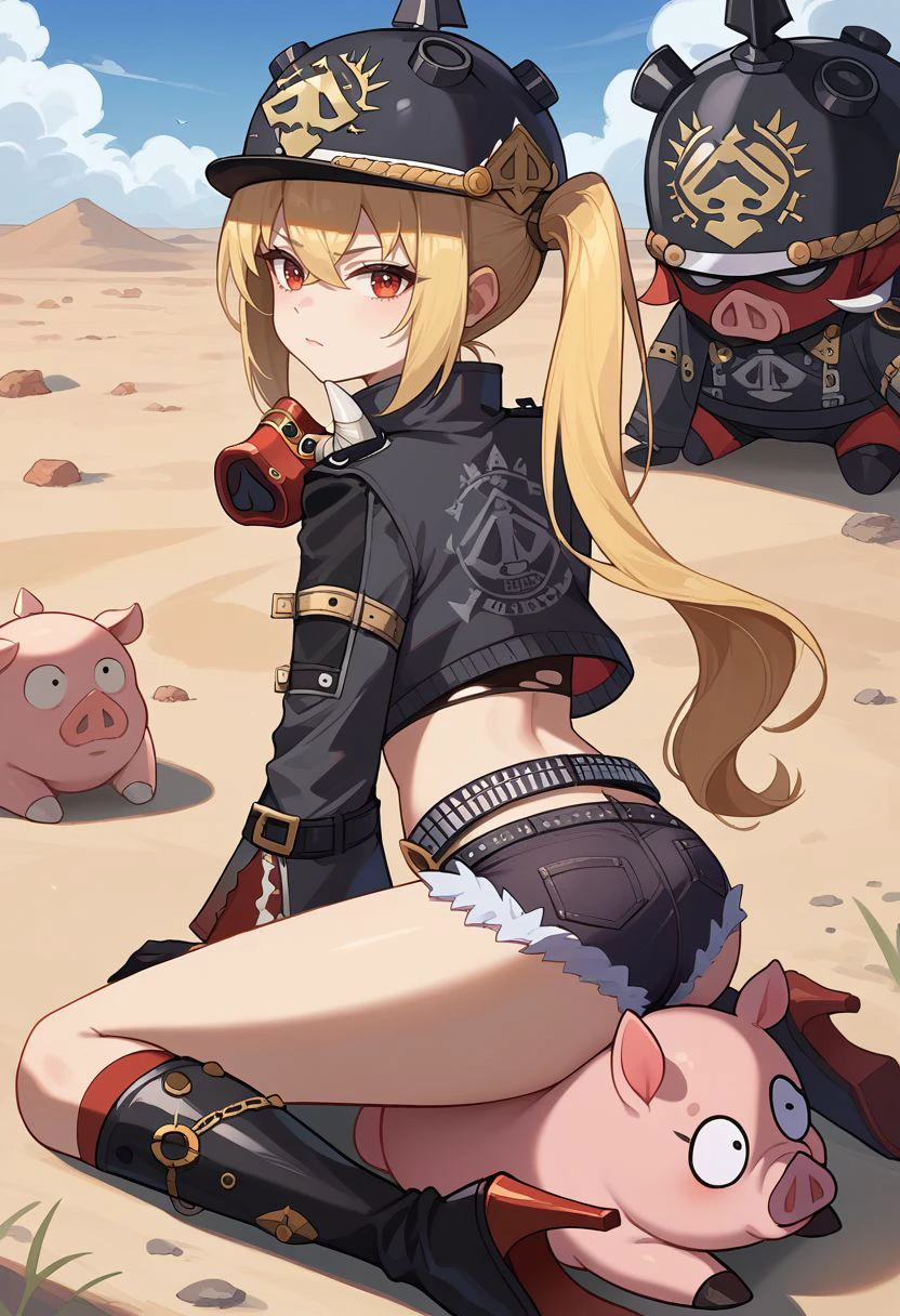 score_9, score_8_up, score_7_up, source_anime, 1girl, lucydef, red eyes, blonde hair, long hair, side ponytail, helmet, black headwear, mask around neck, black jacket, open jacket, cropped jacket, crop top, torn clothes, midriff, navel, long sleeves, black gloves, belt, short shorts, black shorts, denim shorts, fur trim, chain, black footwear, knee boots, high heel boots, (wariza, kneeling), pig, serious, closed mouth, looking at viewer, outdoors, desert, portrait, close-up, upper body, from behind, back, looking back, <lora:Lucy_v1-000010:1>