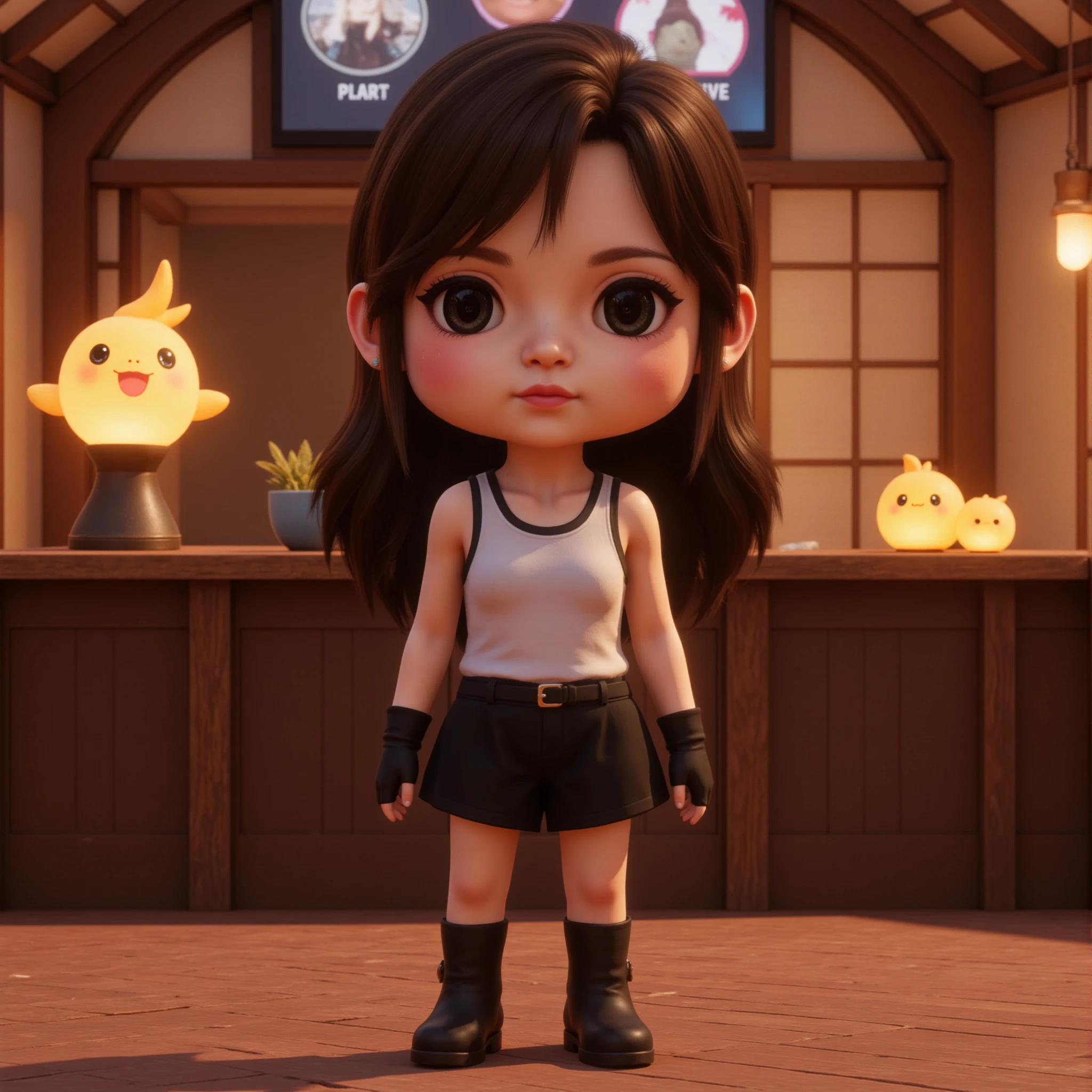 <lora:AntiBlur:3>, <lora:Unreal_Engine_Render_Style:0.5>,  <lora:World of Final Fantasy:1>, WOFinalFantasy
A hyper-realistic unreal engine render inspired by the art style of World of Final Fantasy.
Tifa Lockhart appears in chibi form, with her athletic build and long brown hair exaggerated into a cute, bouncy style. Her signature white tank top and black skirt are reimagined with soft, rounded edges, enhancing the playful aesthetic. Her gloves and boots are oversized to match the chibi proportions, adding a sense of power to her small frame. Despite her chibi form, Tifaâs expression should convey determination and warmth, with large, expressive eyes. The background features a vibrant, cartoonish version of Seventh Heaven bar, with warm lighting and floating, whimsical elements, blending realism with a magical, charming vibe.