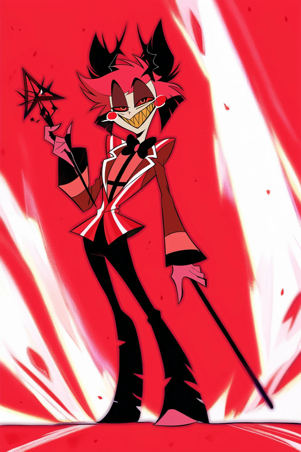 score_9, score_8_up, score_7_up, score_6_up, score_5_up, score_4_up, masterpiece, high quality, BREAK, full body, 1girl,  BREAK,  <lora:Alastor_HH:0.8> Alastor (hazbin Hotel), red hair, red eyes, red suit, sharp teeth, smiling, cane, staff, yellow teeth, horns, pale skin, slender, black pants,