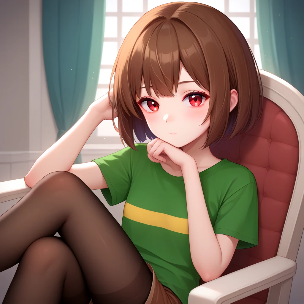 solo, 1girl, <lora:charalora:0.9>, solo, green shirt, short sleeves, yellow striped, red eyes, brown hair, short hair, brown shorts, shorts, black pantyhose, pantyhose, head rest, head on hand,
<lora:STYL-Expressive_H-000001:0.1>,
<lora:STYL-style_blend_25d_528_d32:0.4>, <lora:STYL-Smooth Anime Style LoRA XL:0.2>, BREAK
score_9, score_8_up, score_7_up, beautiful background, indoor, bedroom, on chair, cross legs,