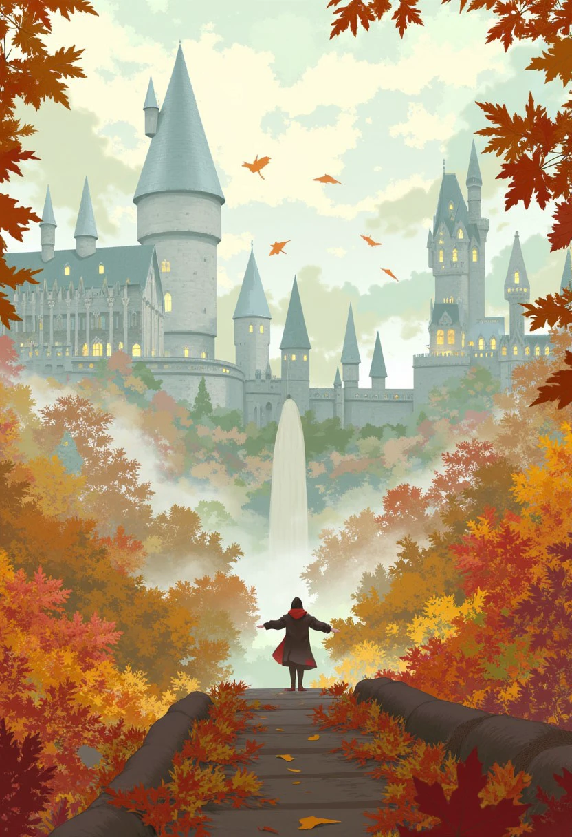 This is a digital illustration in a whimsical, fantasy style, reminiscent of a magical or enchanted world. The scene features a serene, autumn landscape with intricate, turrets and spires of a grand castle, bathed in soft, ethereal light. The castle, with its Gothic architecture, is a central focus and appears to be a magical, mystical structure, possibly inspired by Hogwarts from the Harry Potter series