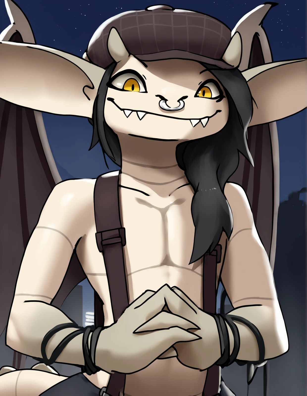 score_9, score_8_up, score_7_up, score_6_up, score_5_up, score_4_up, source_furry, eqjv, ajm, ivy \(deadlock\), deadlock, valve, gargoyle, 4 fingers, anthro, big ears, black hair, bottomwear, clothed, clothing, facial piercing, fangs, featureless chest, female, fingers, hair, hat, headgear, headwear, long ears, looking at viewer, nose piercing, nose ring, piercing, ring piercing, septum piercing, septum ring, sharp teeth, smile, solo, suspenders, tail, teeth, topless, wings, detailed background, outside, city, night, dark background, new york, tan body, (headshot portrait, portrait, close-up:1.3), flat chested, flat chest, horn, (hands together, own hands together, own hands clasped, fingers, 3 fingers:1.1), 
<lora:ivy-deadlock-v2_pdxl:1>