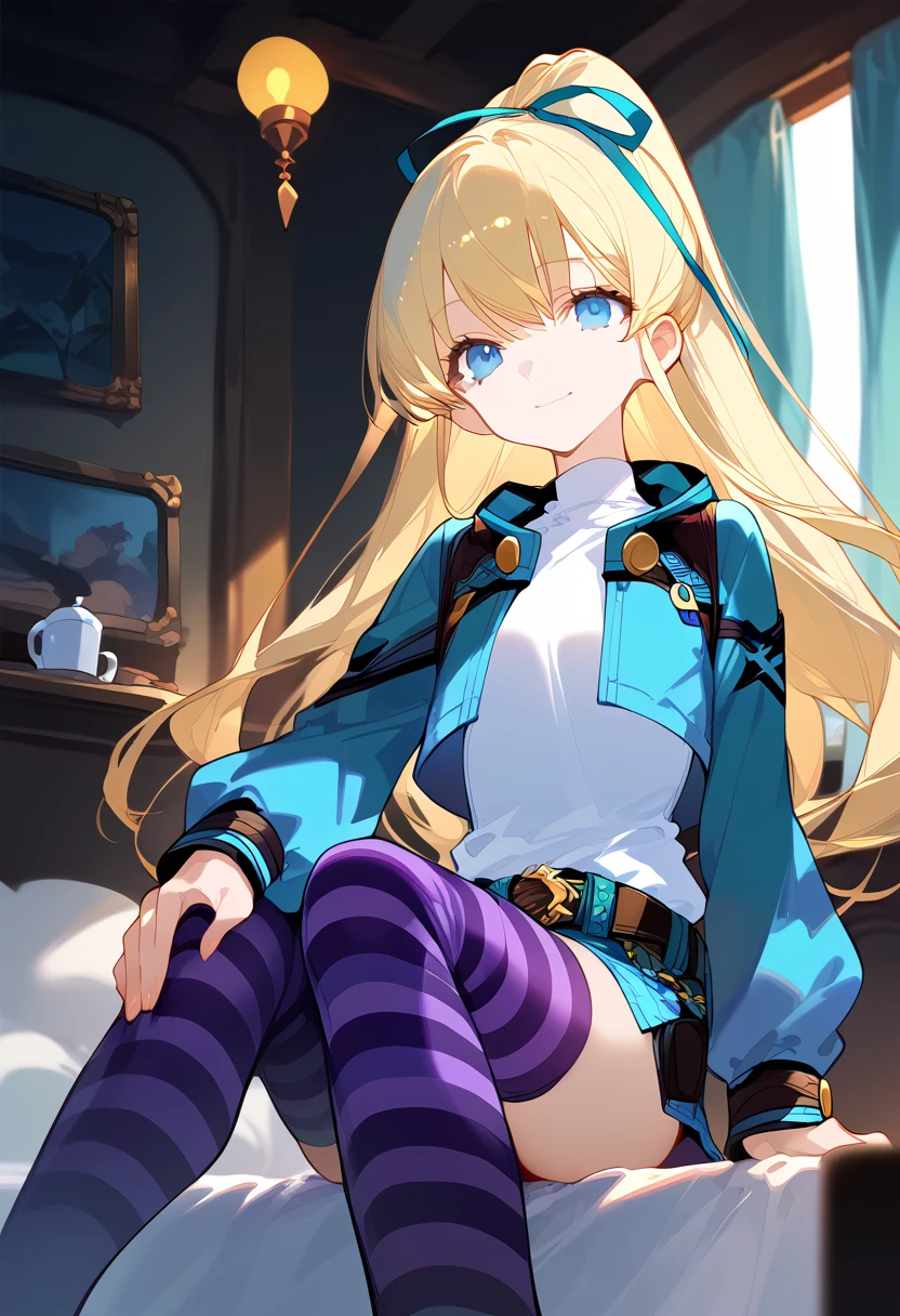 score_9, score_8_up, score_7_up, source anime, noa, 1girl, solo, blonde hair, blue eyes, long hair, smile, belt, hair ribbon, cropped jacket, white shirt, ponytail, skirt, striped thighhighs, hands on own knees, sitting, indoors, bed, table, curtains, cup, stuffed toy, <lora:noa_rance-xl-pony-v2:0.8>,