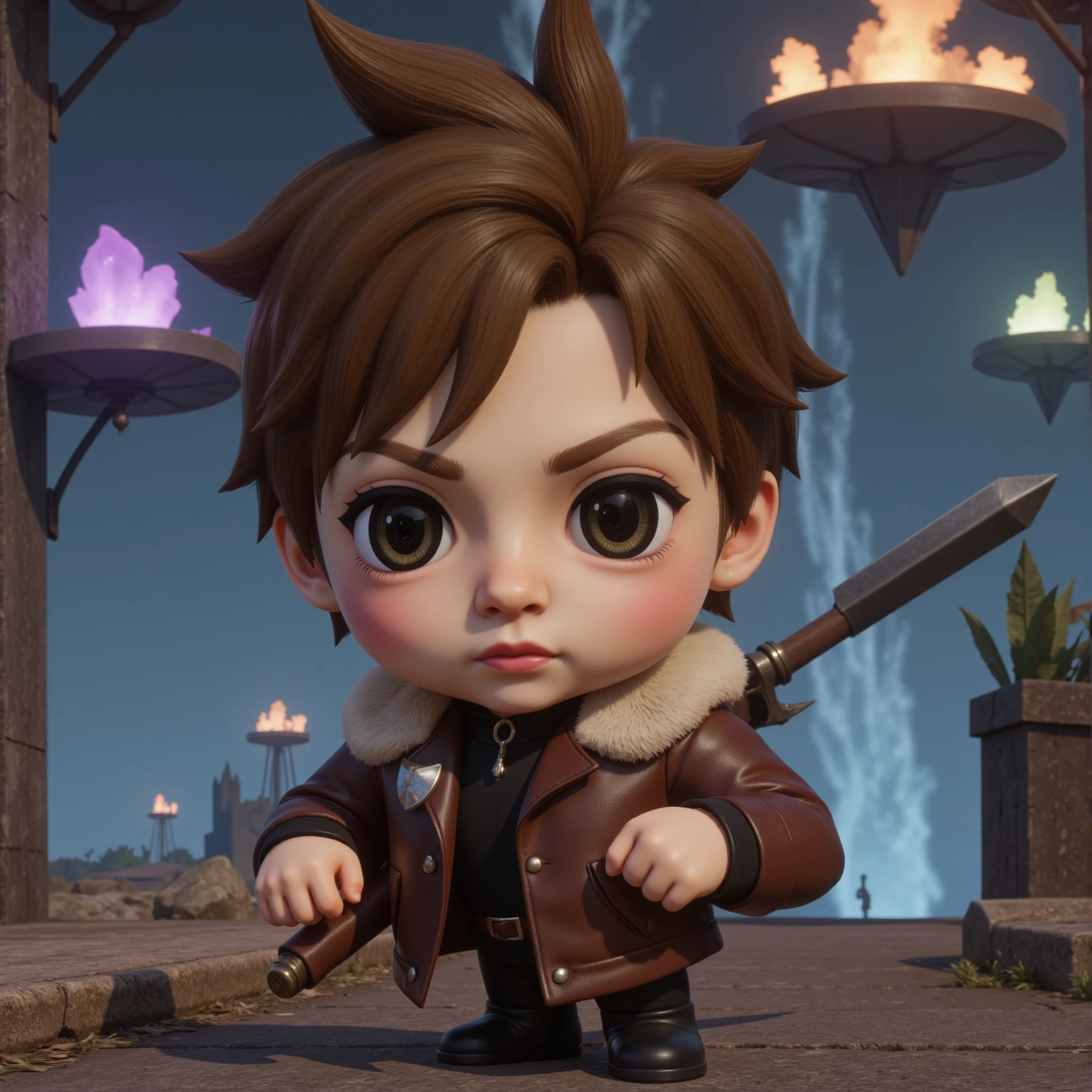 <lora:AntiBlur:3>, <lora:Unreal_Engine_Render_Style:0.5>,  <lora:World of Final Fantasy:1>, WOFinalFantasy
A hyper-realistic unreal engine render inspired by the art style of World of Final Fantasy.
A chibi-style version of Squall Leonhart, with his iconic brown leather jacket and fur-lined collar exaggerated in size, giving him a more playful and approachable appearance. His short brown hair is made slightly spikier and exaggerated for a more cartoonish style. He wields his iconic Gunblade, oversized but rounded, fitting perfectly with his small frame. Squall's expression remains serious and distant, but with large, expressive eyes that add a sense of vulnerability to his otherwise cool demeanor. The background is a stylized, chibi version of Balamb Garden, featuring floating platforms and glowing crystals, creating a whimsical, yet majestic atmosphere.