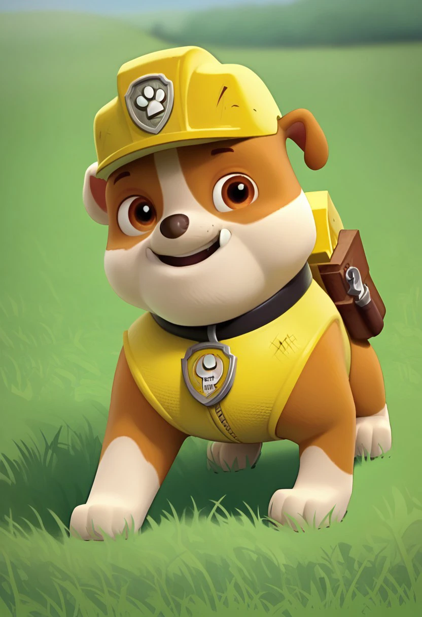 BREAK Score_9_up, Score_8_up, Score_7_up, source_anime, 1boy, solo, Rubble_Pp, brown fur, beige fur, brown eyes, brown spots, black collar, feral, yellow helmet, yellow vest, grass, day,