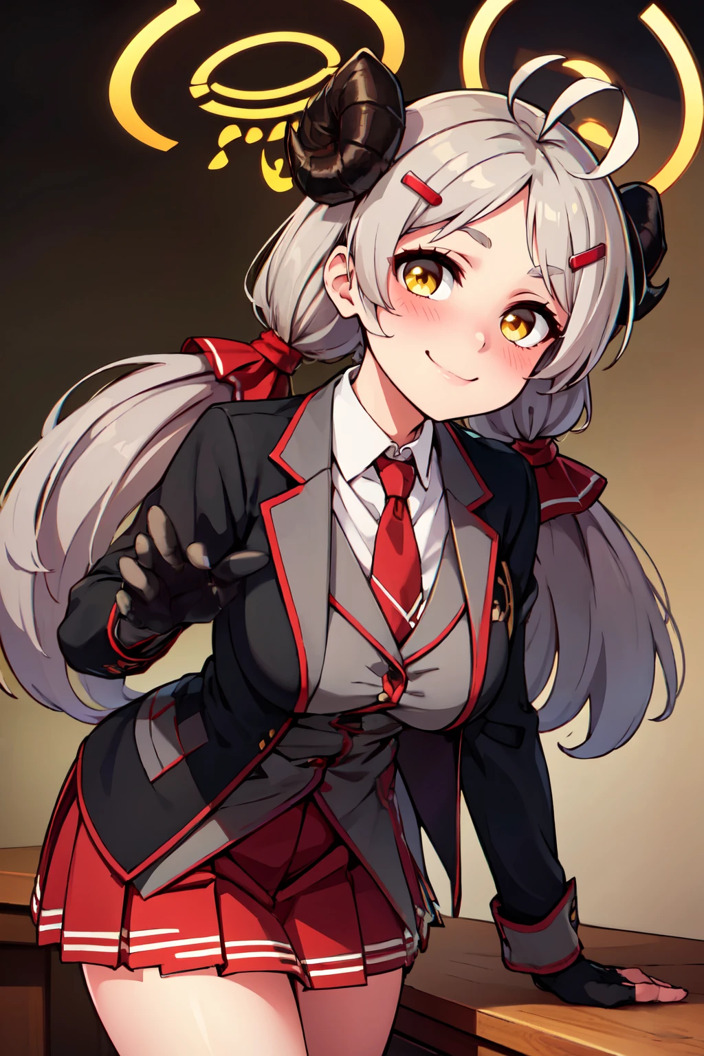 ((masterpiece,best quality)), absurdres,  BREAK, , <lora:Izumi_BlueArchive_Citron:0.8>, zzIzumi, horns, long hair, hair ornament, hairclip, halo, ahoge, yellow eyes, twintails, brown eyes black gloves, low twintails, long sleeves, pleated skirt, red skirt, shirt, grey hair, red necktie, socks, black jacket , BREAK, leaning forward, head tilt, blush, upper body,, BREAK, solo, smile, looking at viewer, cowboy shot,