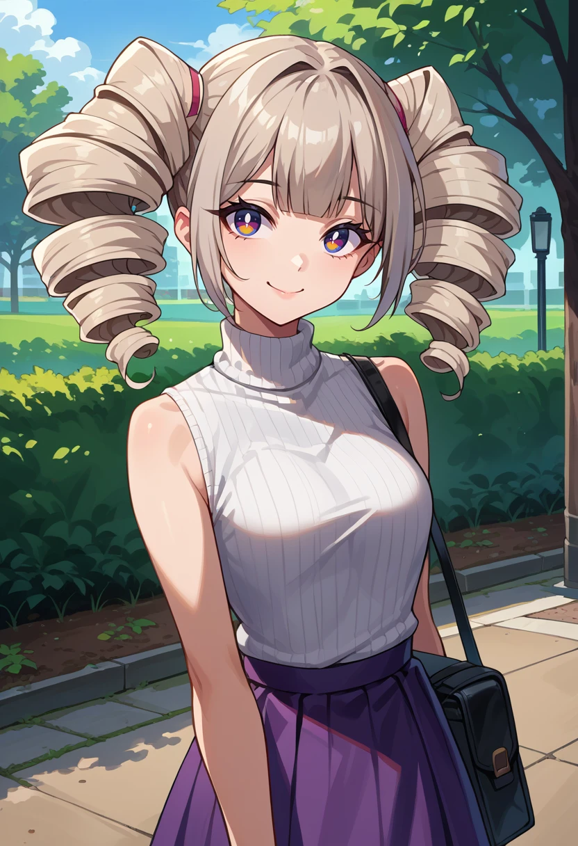 score_9, score_8_up, source_anime, 1girl, solo, ShiroToF, multicolored eyes, grey hair, twintails, twin drills, turtleneck, white sweater, sleeveless, bare arms, suspender skirt, purple skirt, outdoors, park, shoulder bag, smile, looking at viewer, <lora:ChamShiroToFPonyXL:1>