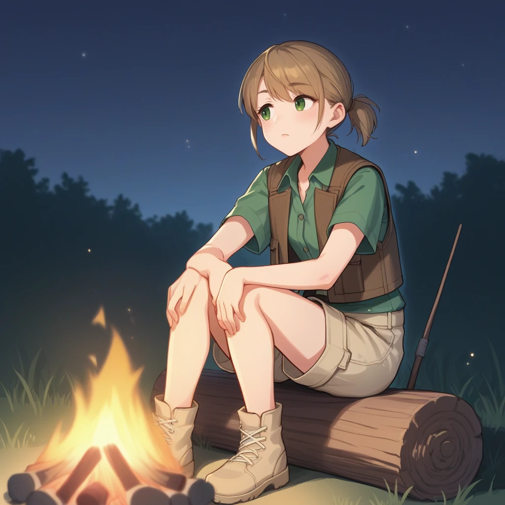 score_9, score_8_up, score_7_up, score_6_up, score_5_up, score_4_up, zPDXL2,source_anime,rating_questionable, 1girl, solo, cowboy shot, khaki shorts, green shirt, vest, sitting down <lora:Campsite:0.8> c4mps1te, outdoors, campfire, night