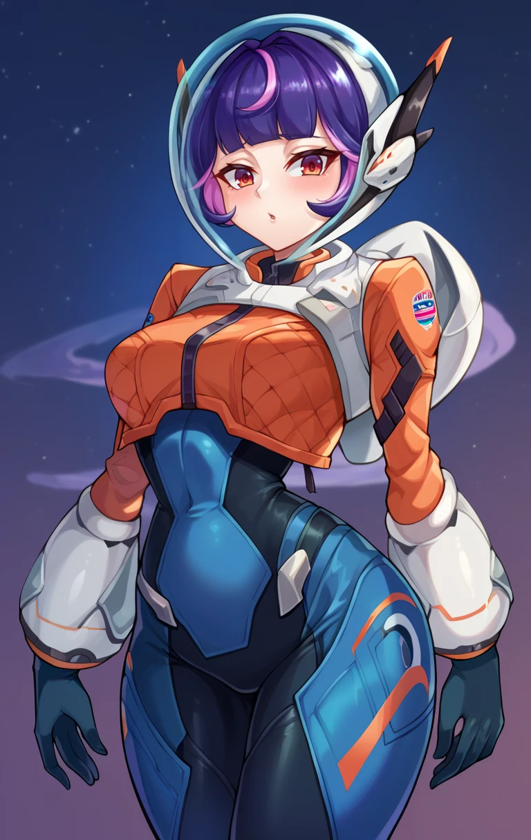 score_9,score_8_up,score_7_up BREAK junoSDXL,<lora:juno-09:1>,1girl,short hair,gloves,pink hair,purple hair,brown eyes,blunt bangs,bodysuit,skin tight,gloves,helmet,spacesuit,space helmet, night sky, cowboy shot,