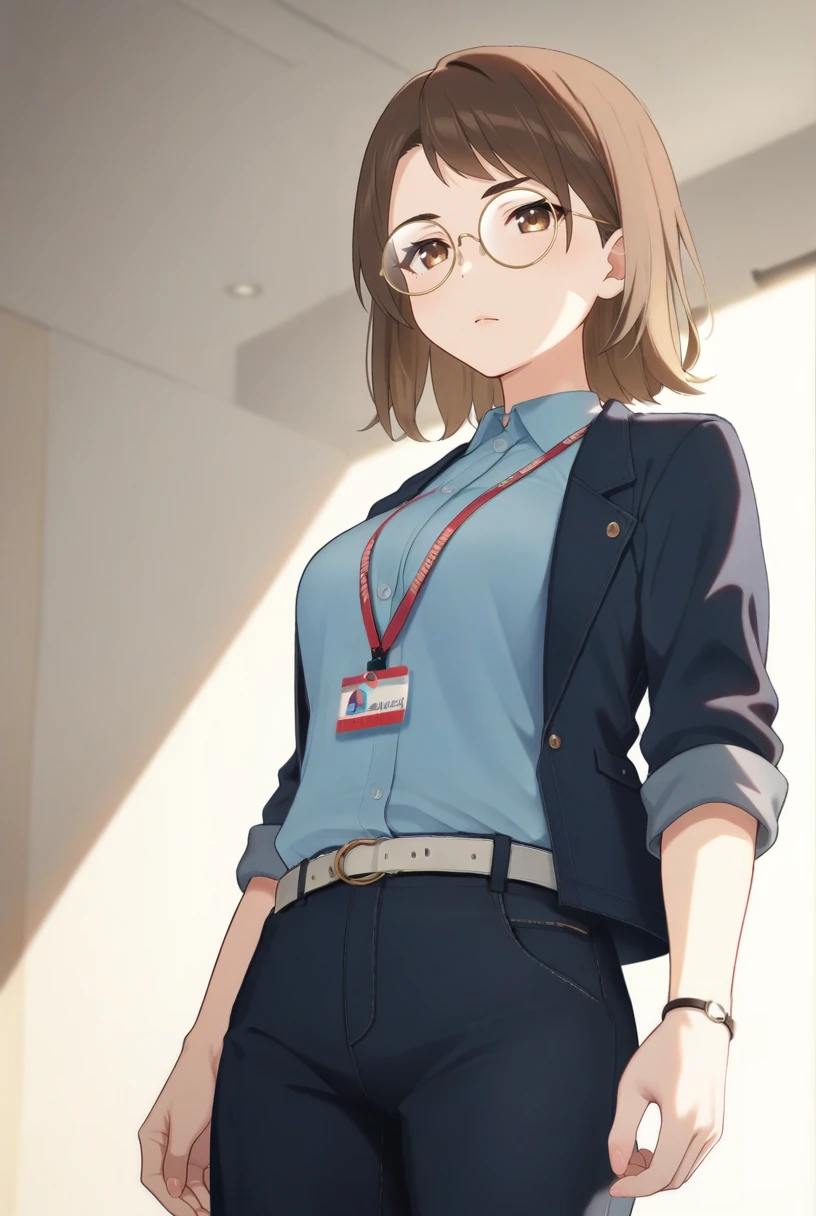 (score_9,score_8_up,score_7_up, ),<lora:GBC_SPCM_pony-000058:1>,
GBC_SPCM,1girl,solo,round eyewear,brown eyes,brown hair,short hair,
shirt,collared shirt,black jacket,open clothes,open jacket,id card,belt,closed mouth,looking_at_viewer,open jacket,simple_background,white_background,cowboy_shot,from_below,black pants