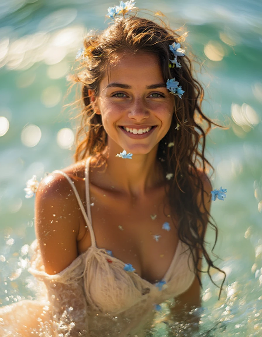 Golden sunbeams dance across the rippled sea water, glistening with a crystalized effect as delicate waves gently lap at the shore. A young woman, her wet body aglow, stands poised amidst fluttered fabric, her hair adorned with flowers, and a charming smile on full display. Shiny cheeks and glossy eyes meet the viewer's gaze as blue bubbles and floating petals suspend time. Captured through the fisheye lens' unique perspective, this masterpiece features intricate details: fluttered clouds, realistic shadows, and depth of field, all set against the serene sea backdrop.
,petzval85bokeh, starry_bokeh:1.5,
<lora:hinaFluxPetzval85ArtLenLora_v1-rev1:0.9>