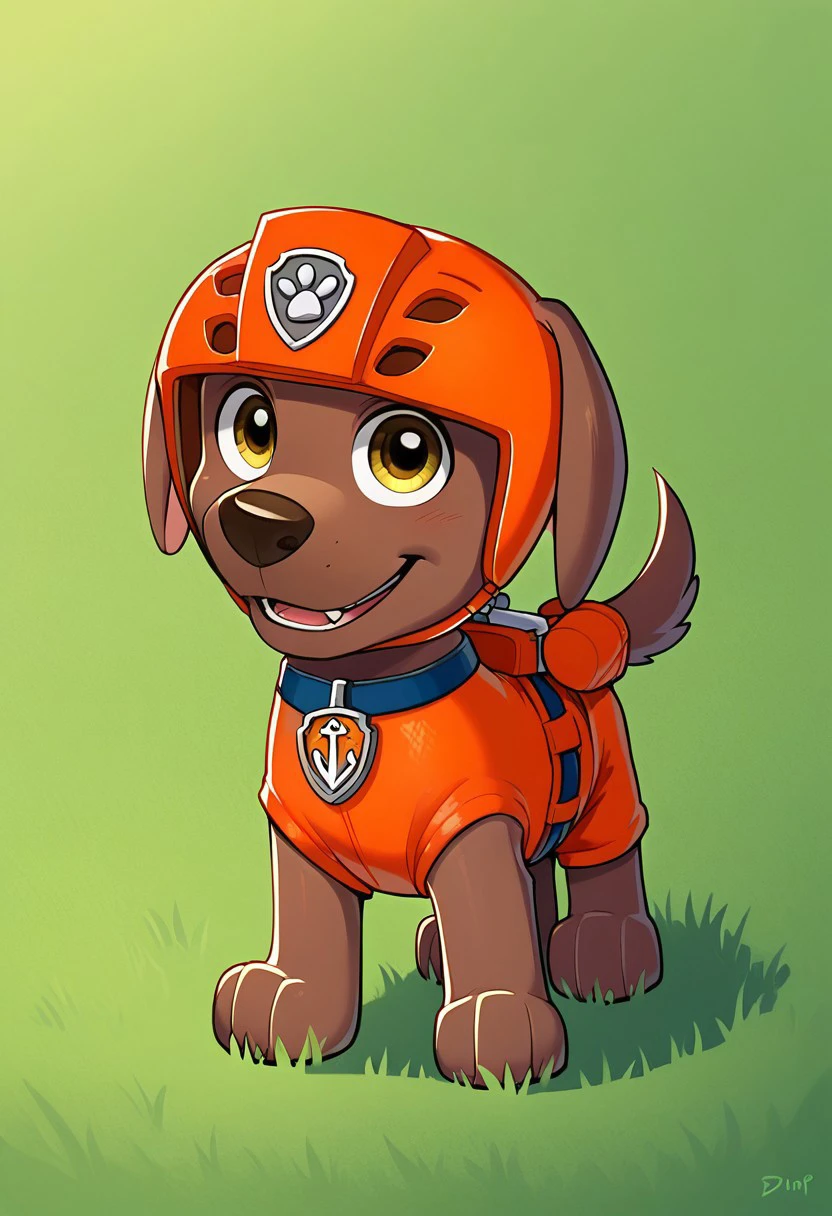 BREAK Score_9_up, Score_8_up, Score_7_up, source_anime, 1boy, solo, Zuma_Pp, dog, feral, wild, dark blue necklace, brown fur, amber eyes, dark blue necklace, orange water helmet, orange vest, orange shorts, grass, day,