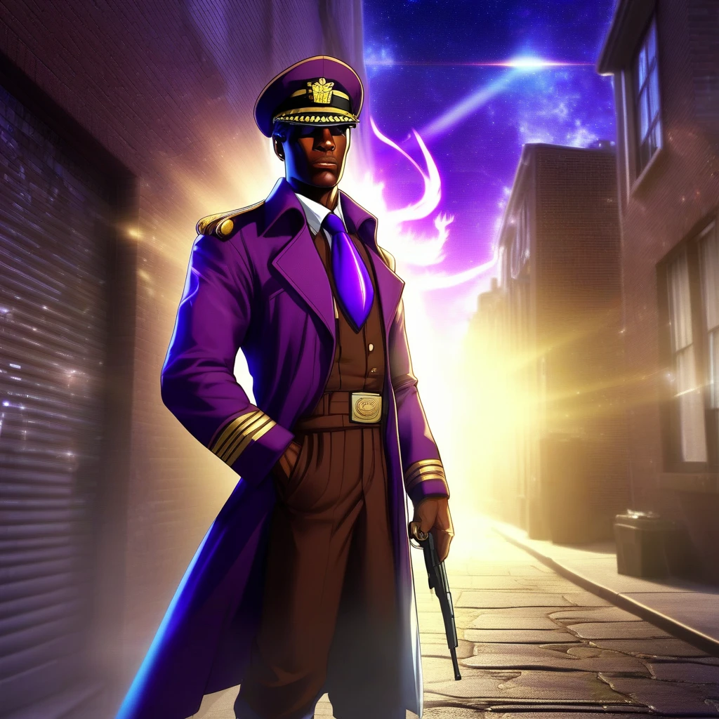 lens flare, alley, old, blinds, manly, aiming at viewer, helmet, night sky, brown coat, battle, dark-skinned male, earrings, veiny arms, dragon, formal, military, pilot, hat, purple shirt