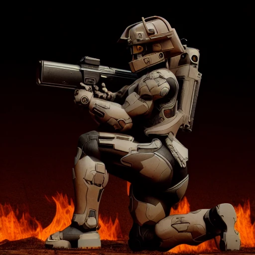 from side, gun, ass, handgun, forest, Rubble, halo spartan, solo, black background, day, kneeling, realistic, fire, bodysuit, Burning, desert, ruins, energy gun