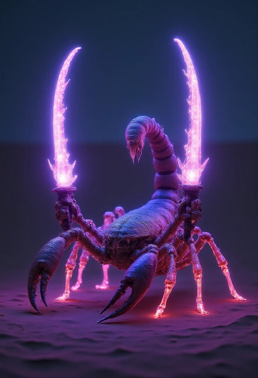 A glowing ultraviolet scorpion, its pincers clasping a pair of glowing swords shaped like natural bone. The scorpionâs natural body is fully intact, with no added humanoid features. It stands in a sandy desert, towering over its enemies, its tail poised to strike as it wields the glowing weapons. The swords, made from a strange alien material, are held in its natural pincers as though they were just an upgrade to its already deadly arsenal.