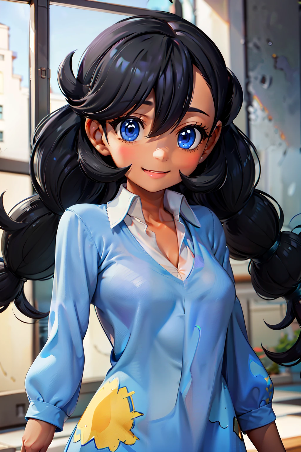 (masterpiece), <lora:Beautiful_CAT_v3:0.8>, best quality, high resolution, highly detailed, perfect lighting,  , <lora:Emma_Pokemon:0.8>, zzEmma, long hair, black hair, dark skin, dark-skinned female, bangs, blue eyes, twintails, eyelashes, white shirt, purple eyes, collared shirt, collarbone, hair between eyes,, upper body , solo, smiling, looking at viewer,, BREAK, side view, hip to the side, contrapposto,