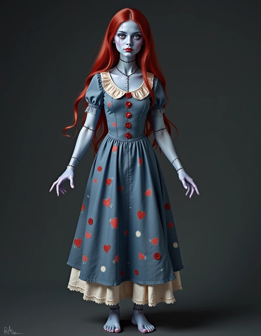 <lora:jhs-flux-ohwxsally-000010:1.7> ohwxsally,  stitches, blue skin, WEARING dress