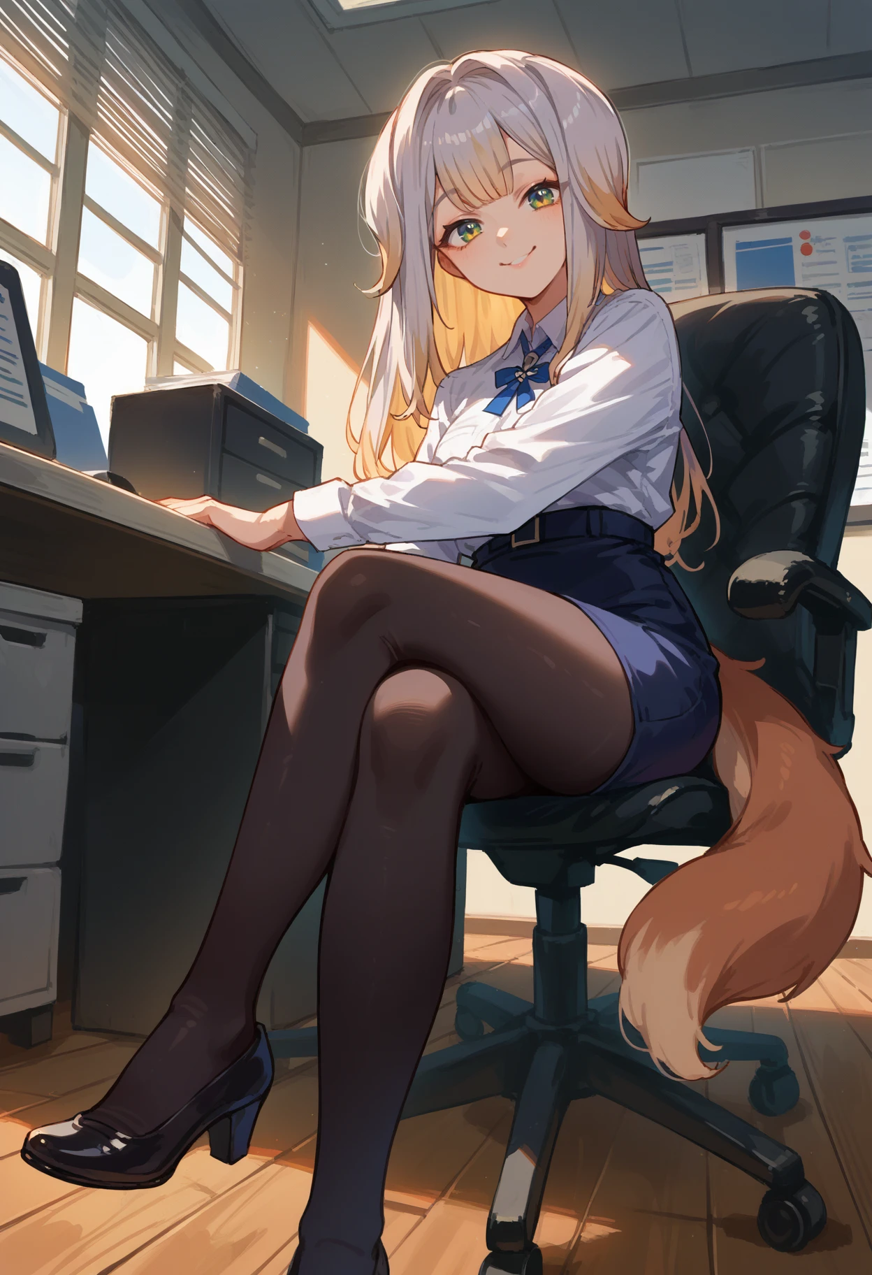 score_9, score_8_up, source_anime, 1girl, solo, RuriShioriha, multicolored eyes, multicolored hair, long hair, animal ears, tail, indoors, office lady, office chair, sitting, crossed legs, miniskirt, black pantyhose, dress shirt, smile, <lora:ChamRuriShiorihaPonyXL:1>