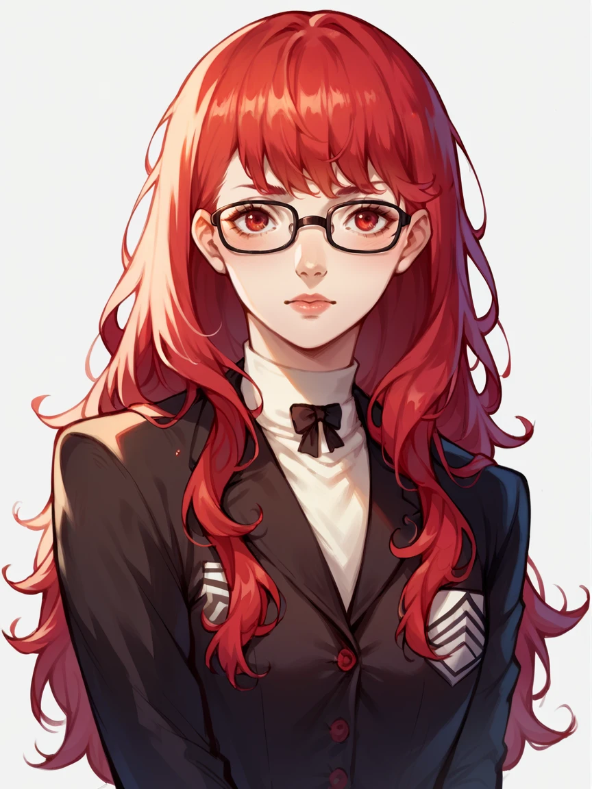 score_9, score_8_up, score_7_up, score_6_up, score_5_up,  <lora:SumirePer5XLP:1> sumireper5, 1girl, red hair, solo, long hair, glasses, shuujin academy school uniform,