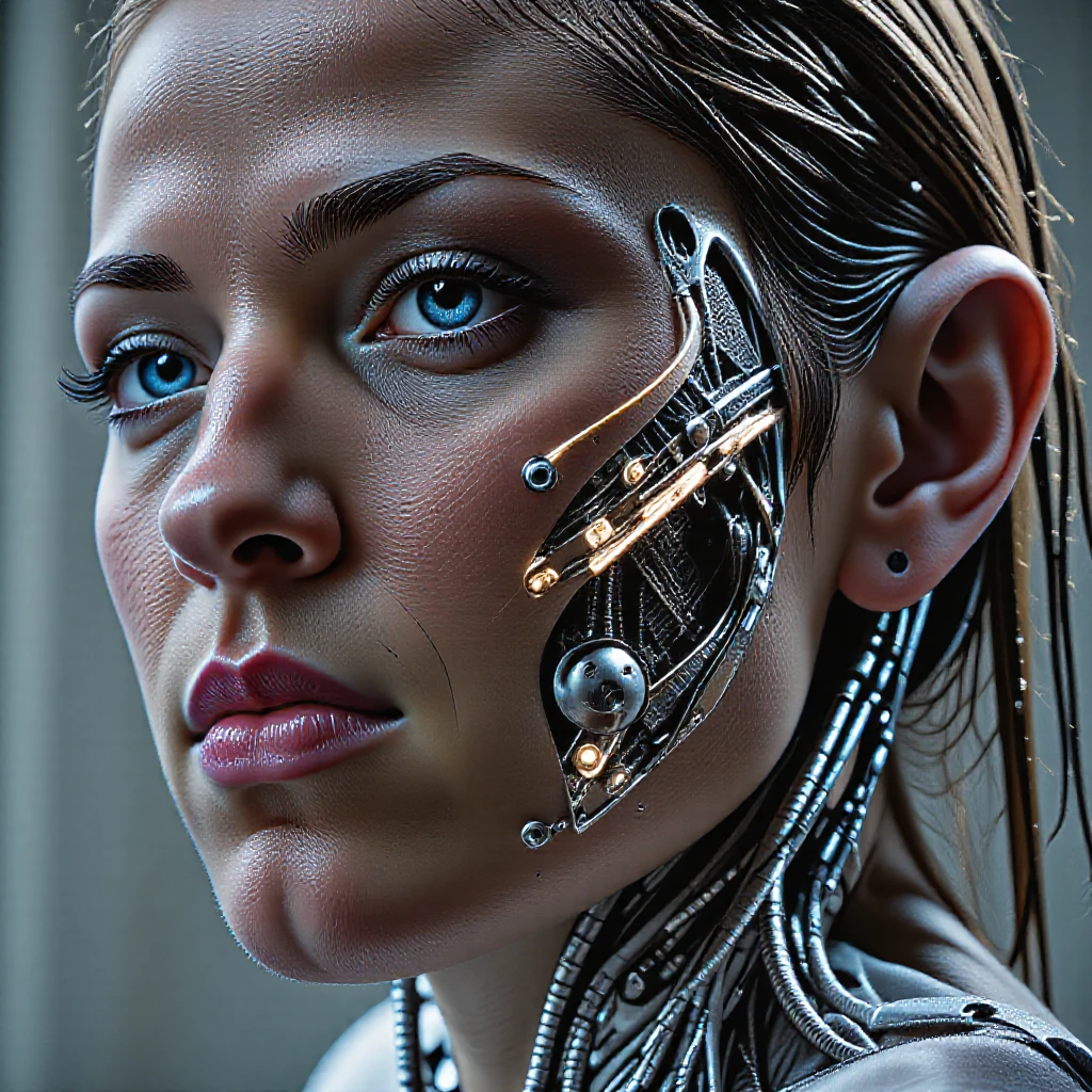 style of H. R. Giger, portrait of a biomechanical cybernetic person,  Fine silver wires threaded directly through flesh in graceful whorls and loops, hair-thin conduits catching the light, Discreet metallic ports flush with skin's surface, hinting at hidden augmentations beneath via circular or hexagonal shapes implants and augments,<lora:art and styles/style_of_H._R._Giger_FLUX_295-000006>,