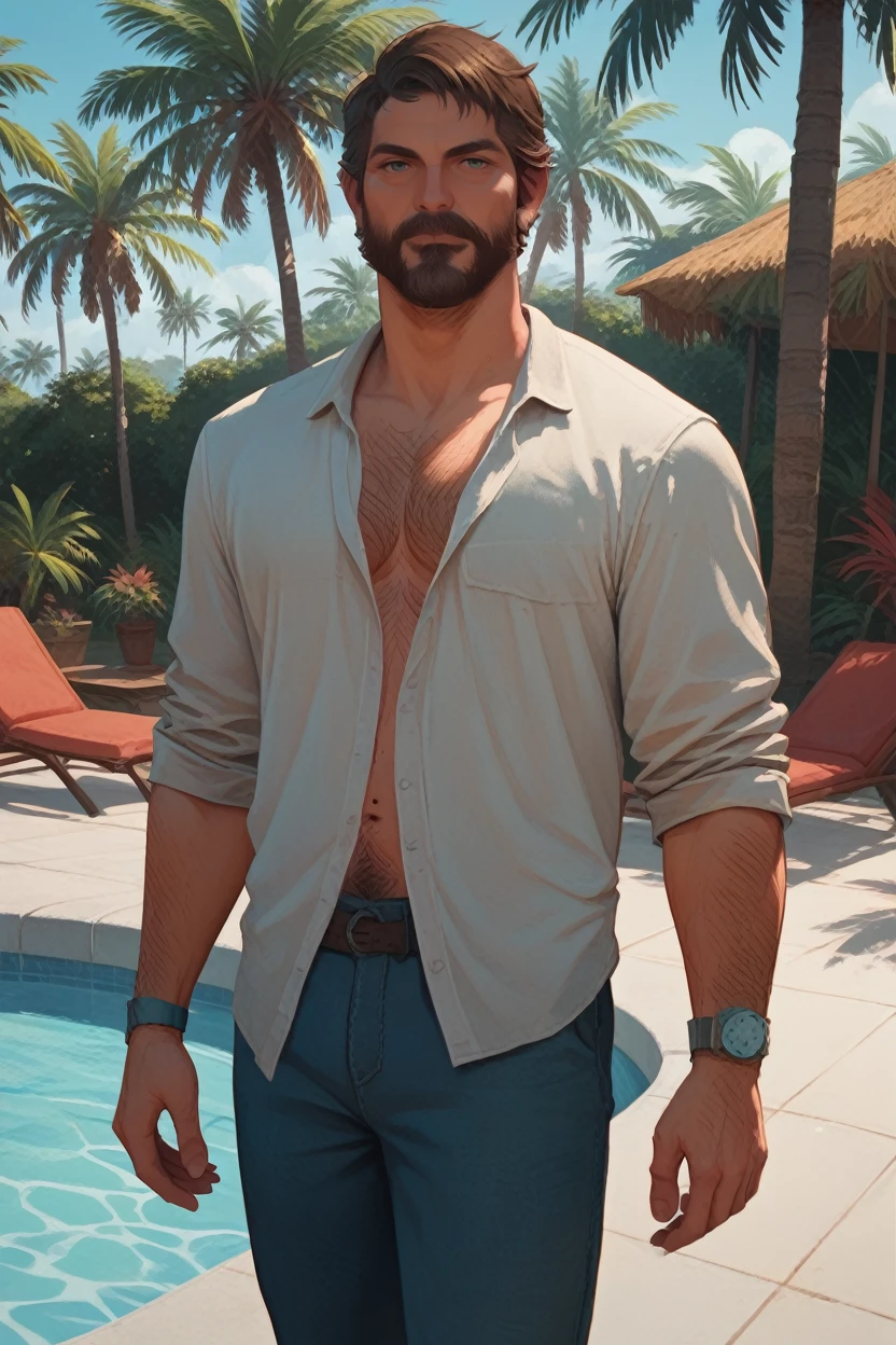 score_9, score_8_up, score_7_up, score_6_up
<lora:TLOUJoel:1.0>
TLOUJoel, 1boy, brown hair, beard, looking at viewer, lounging by a poolside, with palm trees swaying in the tropical breeze