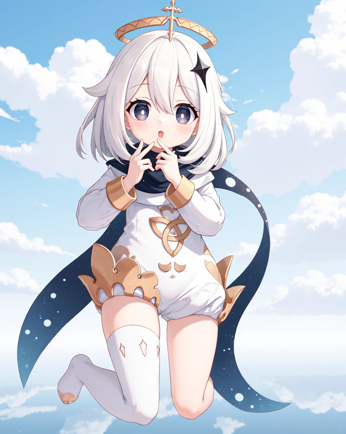 Paimon, chibi,Eerie anime girl wrapped in white: A pale anime girl, A masterpiece of sci-fi style created by the collaboration of Range Murata and Mary Cassatt. HD32K, hyperdetailed, best quality, midjourneyv6.1.