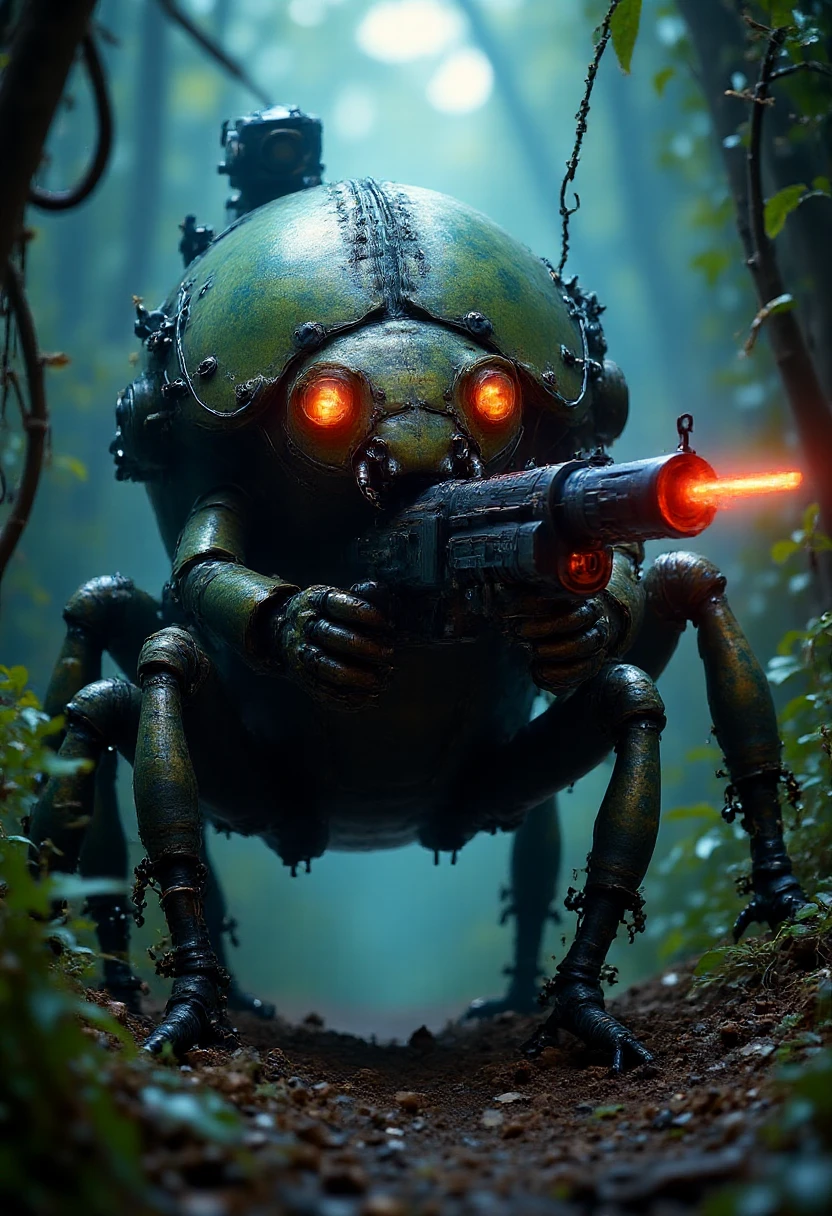 A beetle commando soldier, wearing camouflaged exoskeleton armor and carrying a futuristic laser rifle. The setting is a dense jungle, the beetle crouching low as if on a reconnaissance mission. The artwork style mimics the high-contrast, detailed look you might see in a 1990s tactical video game cover. The beetle's armor blends with the jungle, with a fierce intensity in its insect eyes, glowing red under its helmet. , InsectCommandos