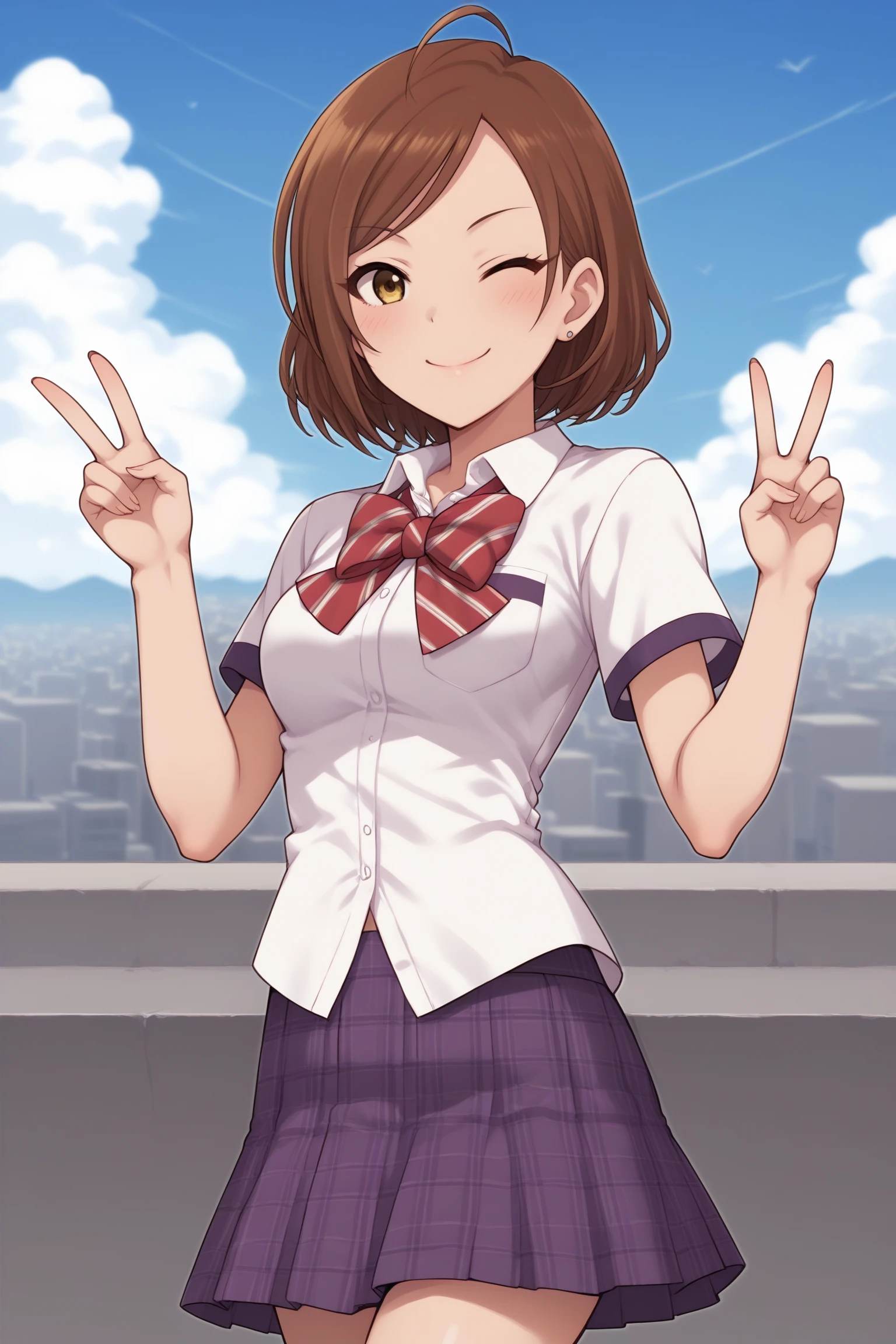 score_9, score_8_up, score_7_up, score_6_up, score_5_up, source_anime, rating_safe, medium breasts, outdoors, city, skyscraper, rooftop, 1girl, solo, looking at viewer, (upper body:1.2), im yujin, brown hair, short hair, ahoge, yellow eyes, long eyelashes, idolmaster cinderella girls, school uniform, short sleeves, purple sleeve ends, white shirt, collared shirt, breast pocket, red bowtie, untucked shirt, purple skirt, plaid skirt, pleated skirt, short skirt, <lora:Yujin_Im:0.8>, <lora:untucked_shirt-000006:1>, wink, closed mouth, v sign, blue sky