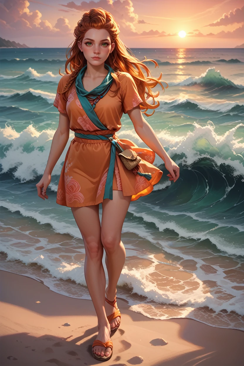 score_9, score_8_up, score_7_up,
<lora:HFWAloy:0.8>
HFWAloy, 1girl, orange hair, long hair, green eyes, looking at viewer, walking barefoot on a sandy beach, holding sandals in one hand, waves gently lapping at the shore, vibrant sunset with pink and orange hues, relaxed and contemplative atmosphere