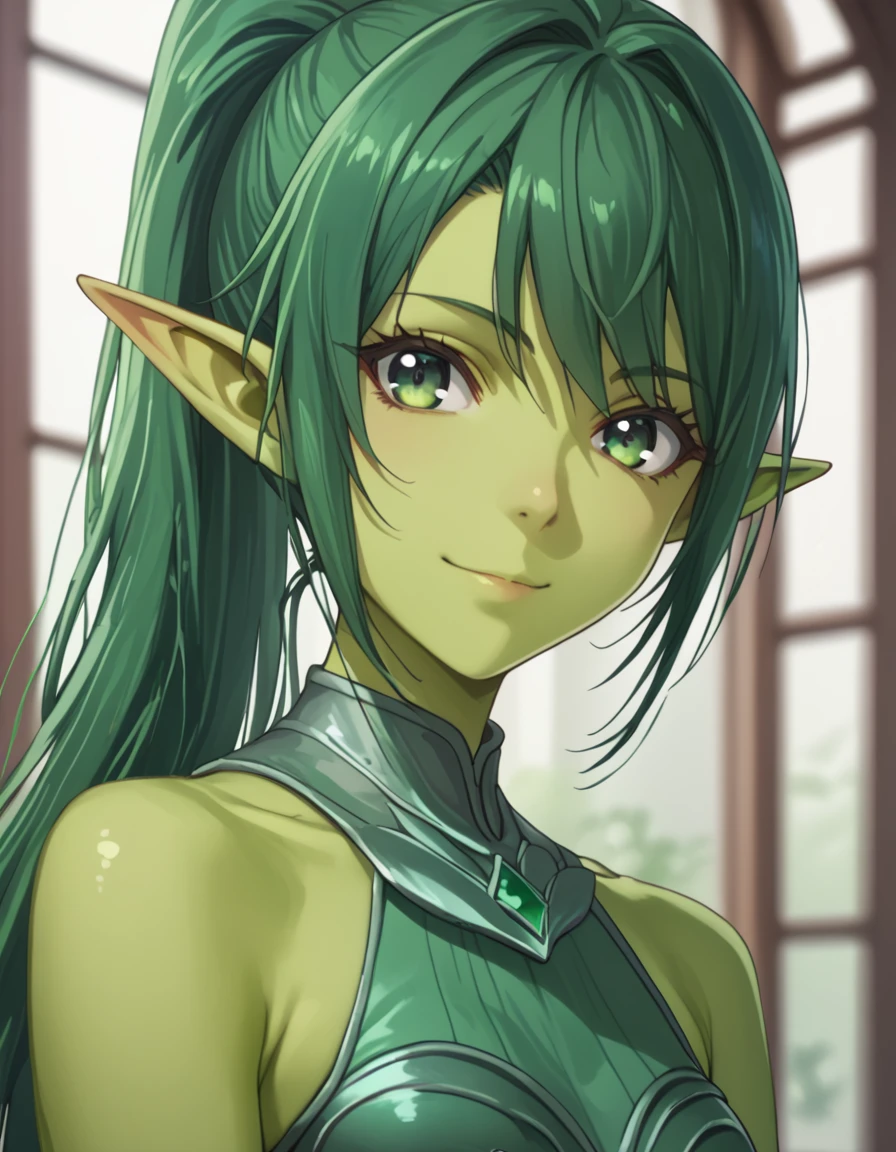 score_9, score_8_up, score_7_up, score_6_up, score_5_up, score_4_up, source_anime  <lora:ProfessedHerselfPupiloftheWiseMan:1> soft smile, portrait  Seirei, long hair, green eyes, ponytail, green hair, pointy ears, leotard, colored skin,