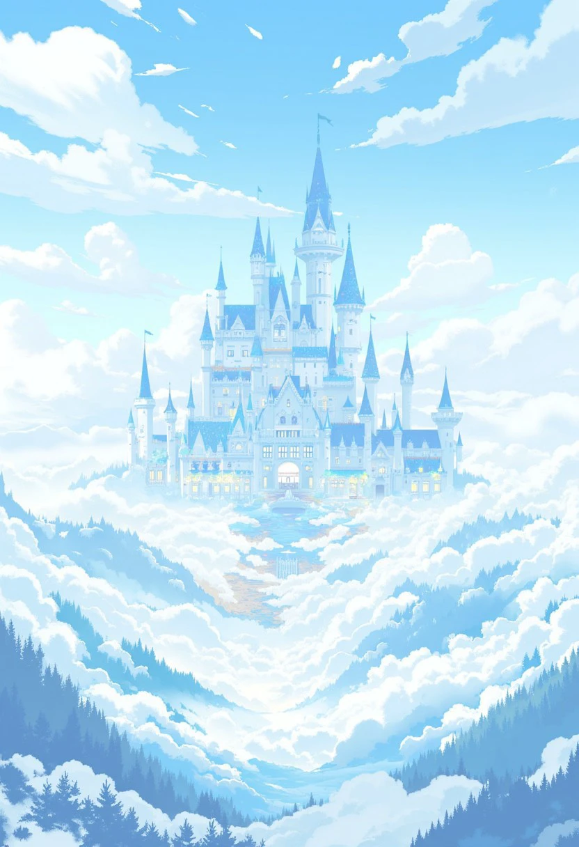 The image is a digital drawing in a stylized, anime-inspired art style. It depicts a fantastical, ethereal landscape with a whimsical, dreamlike quality. The scene is dominated by a majestic, sprawling castle that appears to be floating in the sky, composed of intricate, delicate towers and spires that blend seamlessly into the clouds. The castle is painted in soft, pastel shades of blue and white, giving it a ethereal, almost translucent appearance.